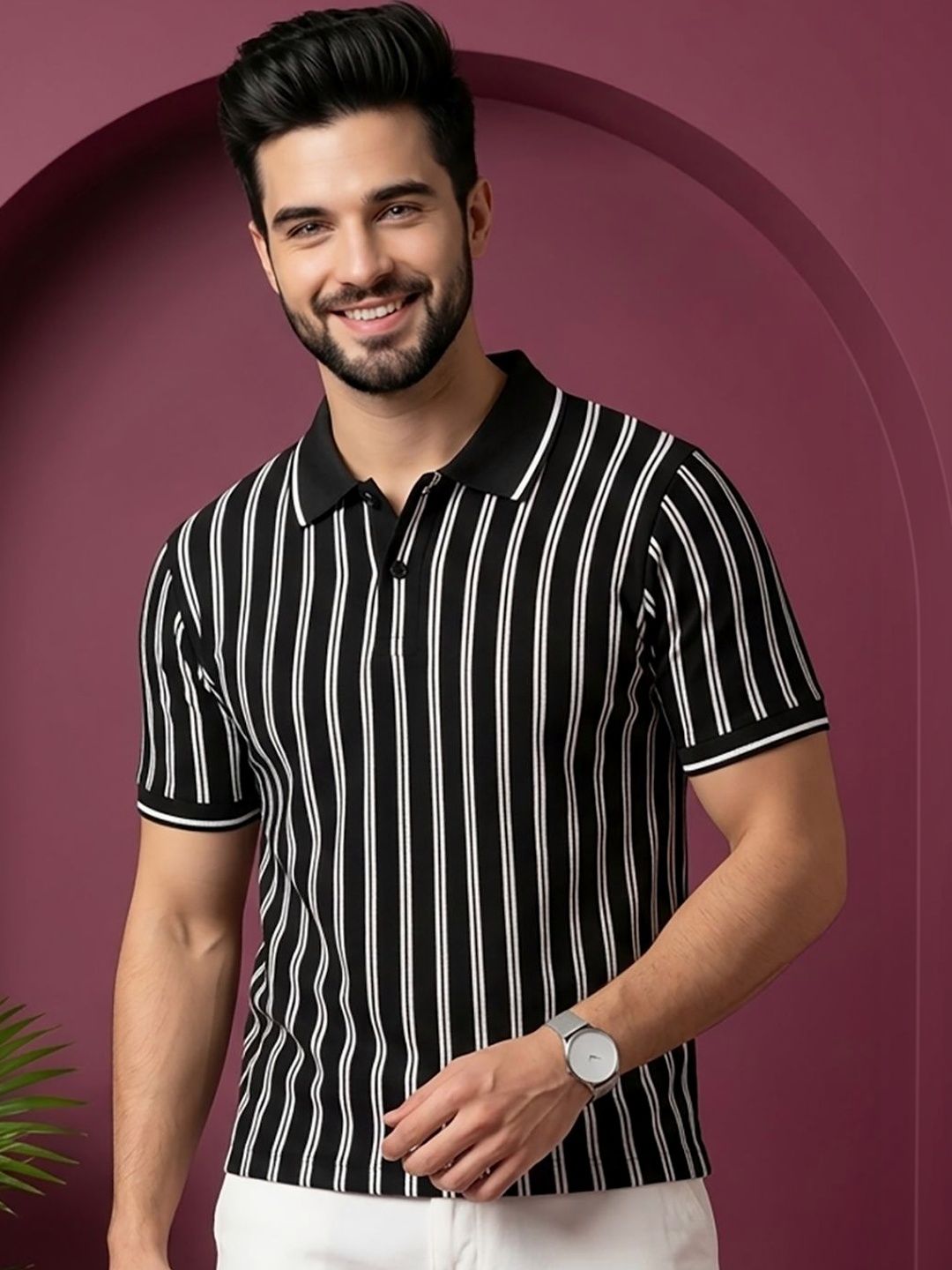 HERE&NOW Men Striped Polo Collar T-shirt