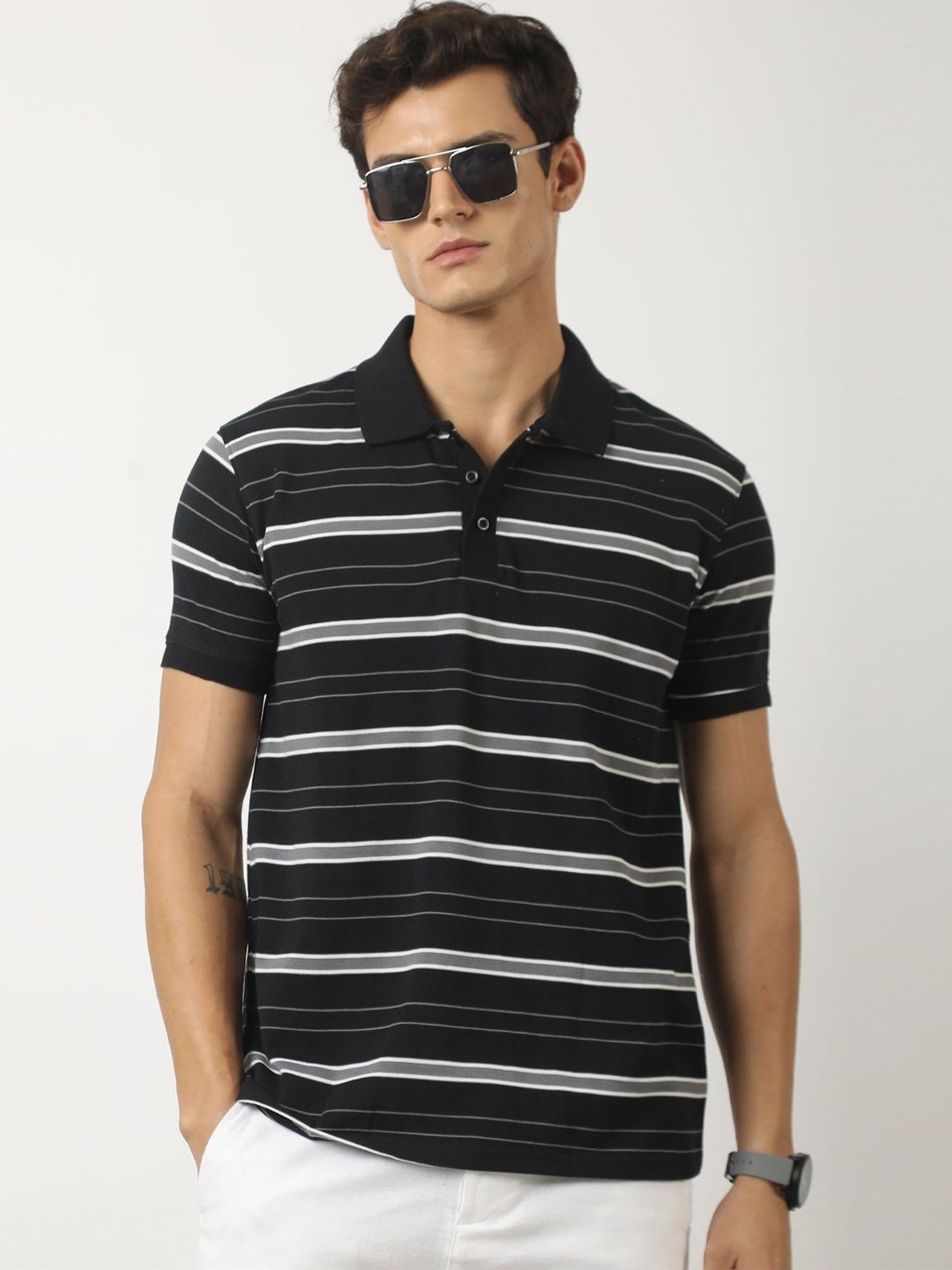 Maniac Men Striped Polo Collar T-shirt