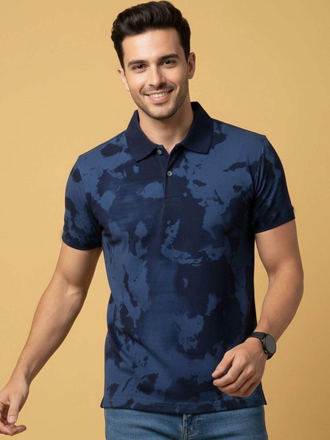 HERE&NOW Men Tie and Dye Dyed Polo Collar T-shirt