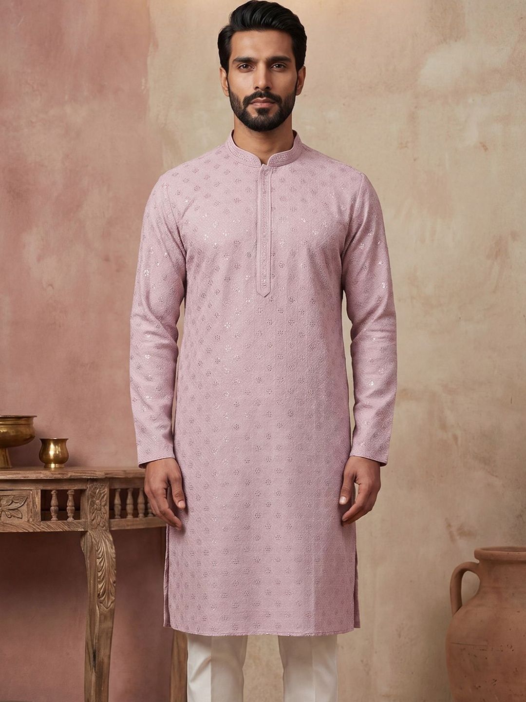 House of Pataudi Embroidered Mandarin Collar Knee Length Straight Kurta