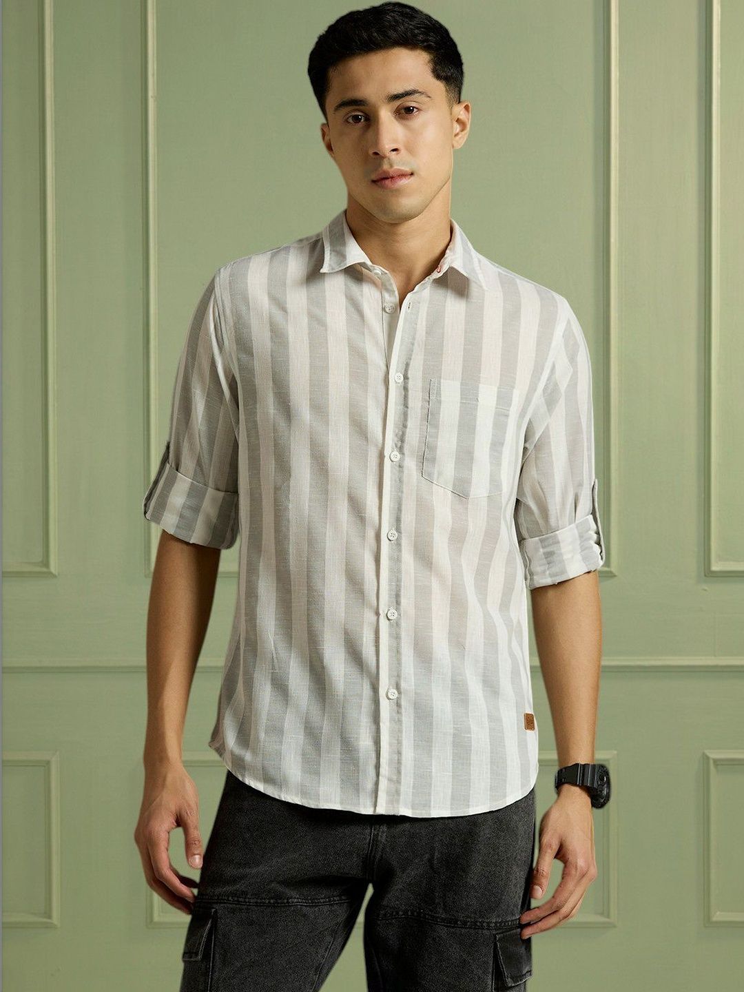The Roadster Lifestyle Co Striped Pure Cotton Spread Collar Shirt