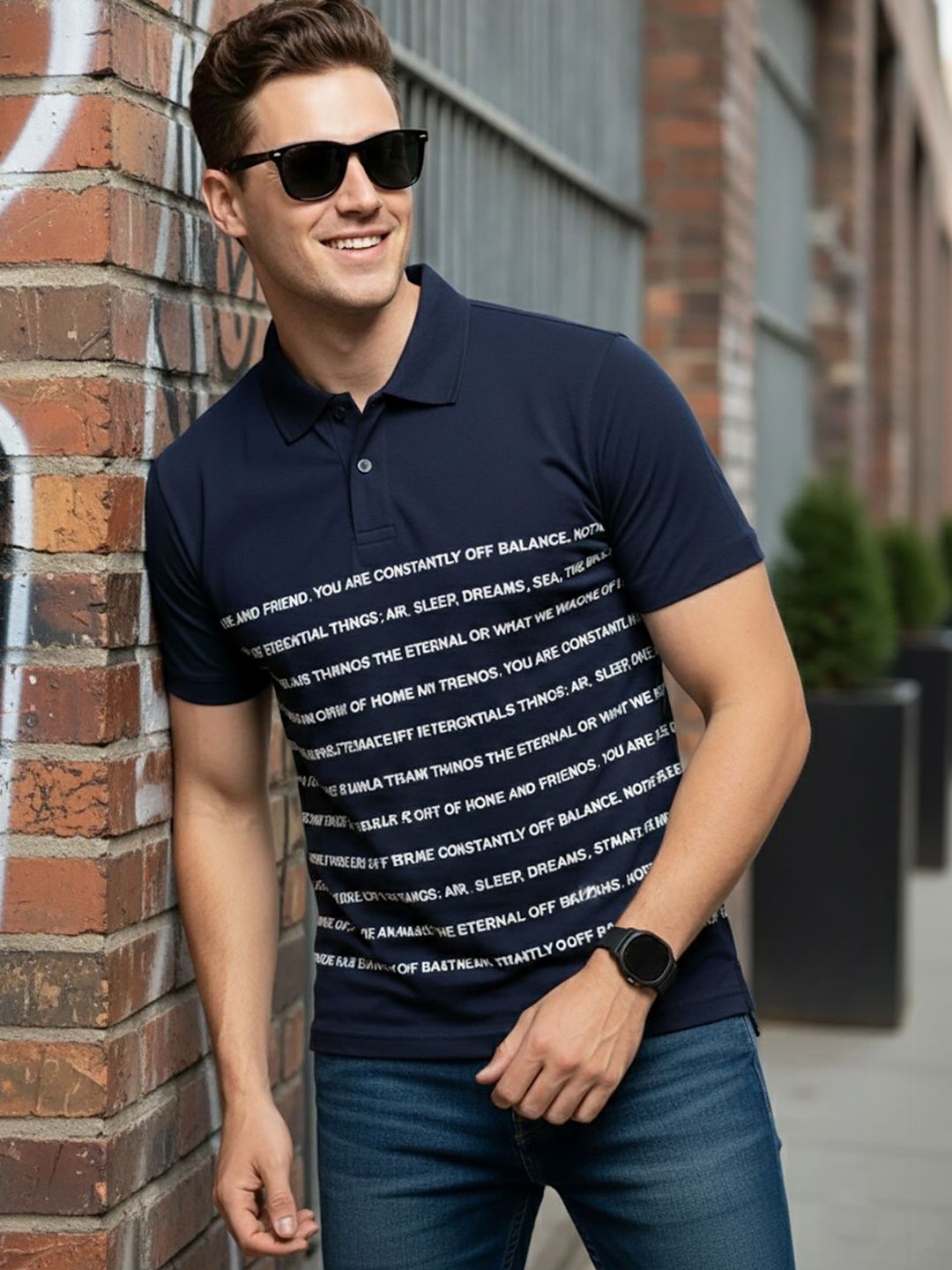 HERE&NOW Men Typography Printed Polo Collar Pockets T-shirt