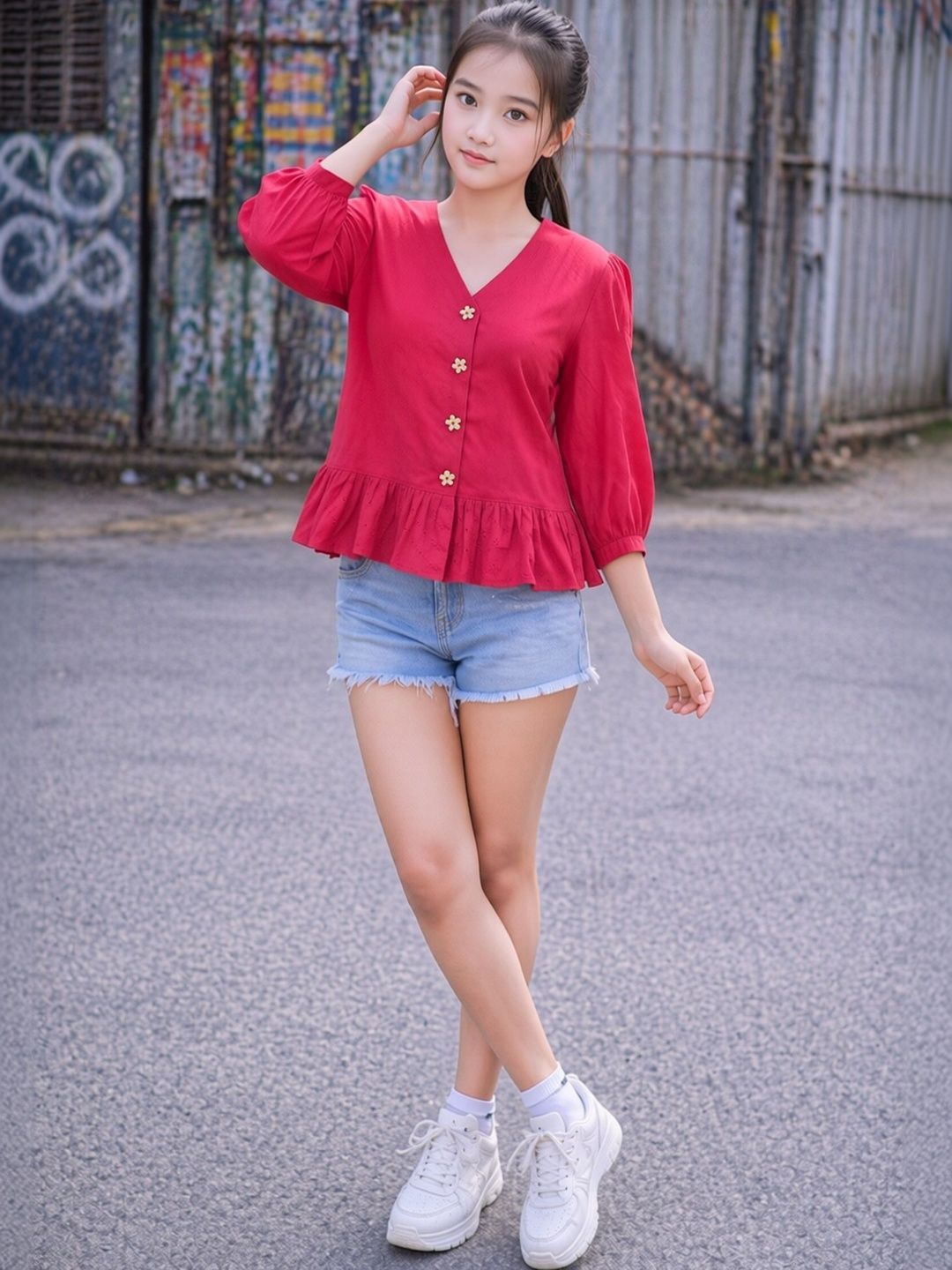 HERE&NOW Girls Solid & Schiffli Cotton Top