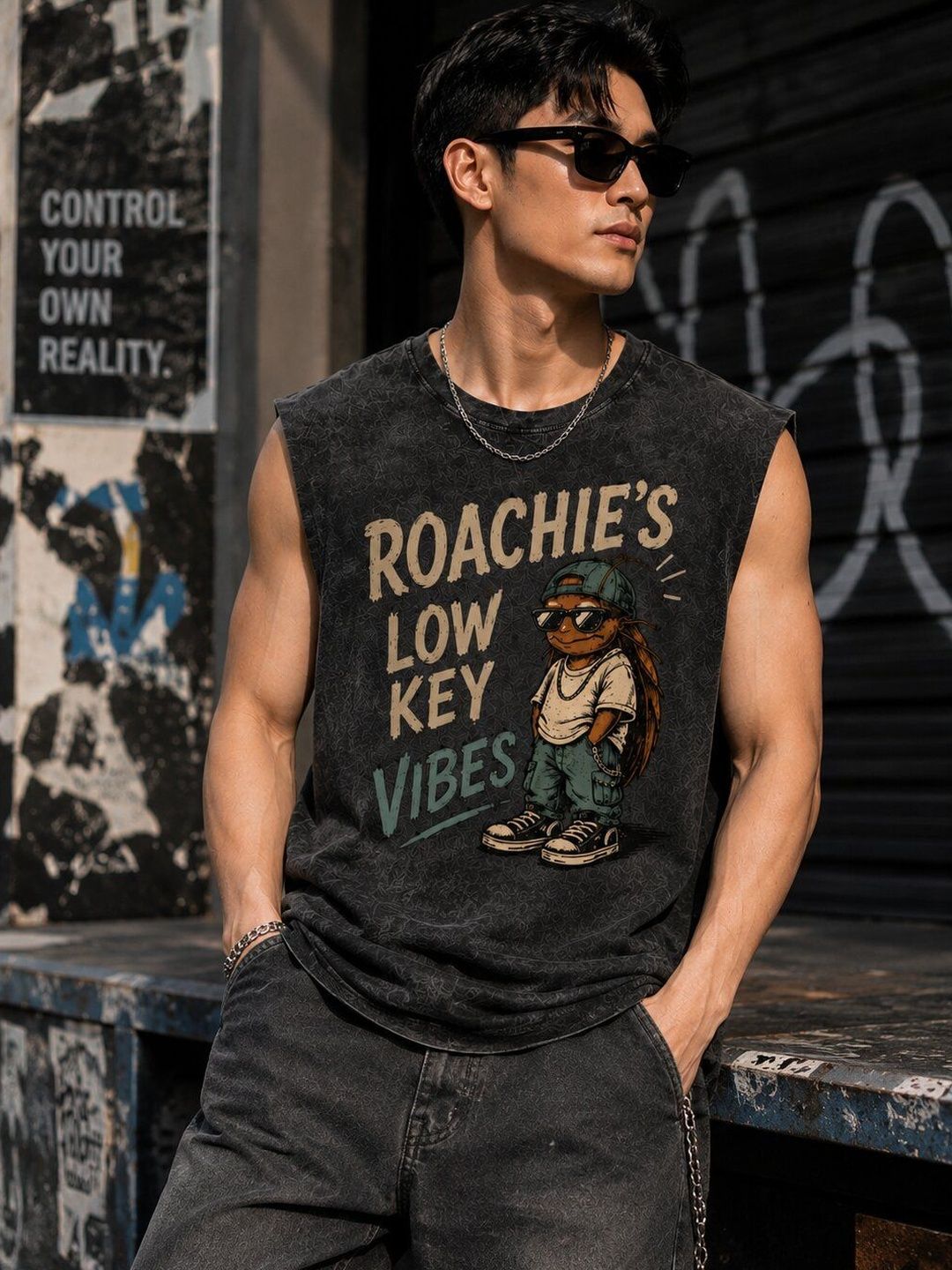 Bene Kleed Men Grey Graphic Acid Wash Oversized Sleeveless T-Shirt