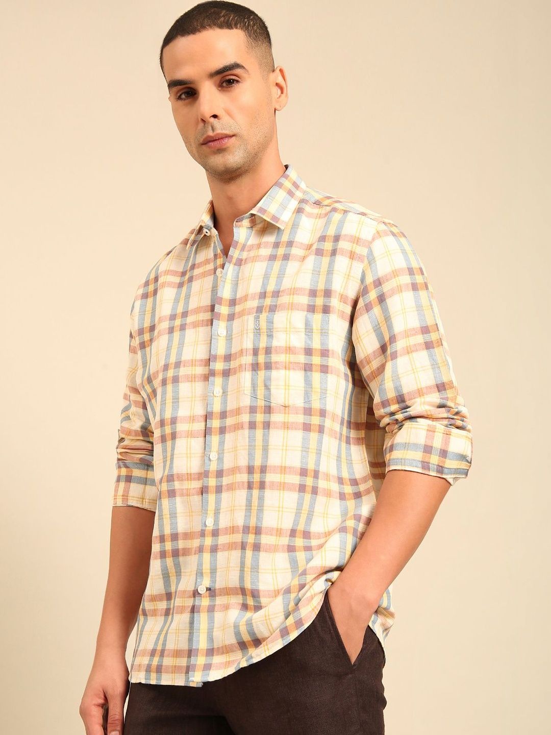 Checked Linen Causal Shirt Linen Club Men Regular Fit Checked Linen Casual Shirt