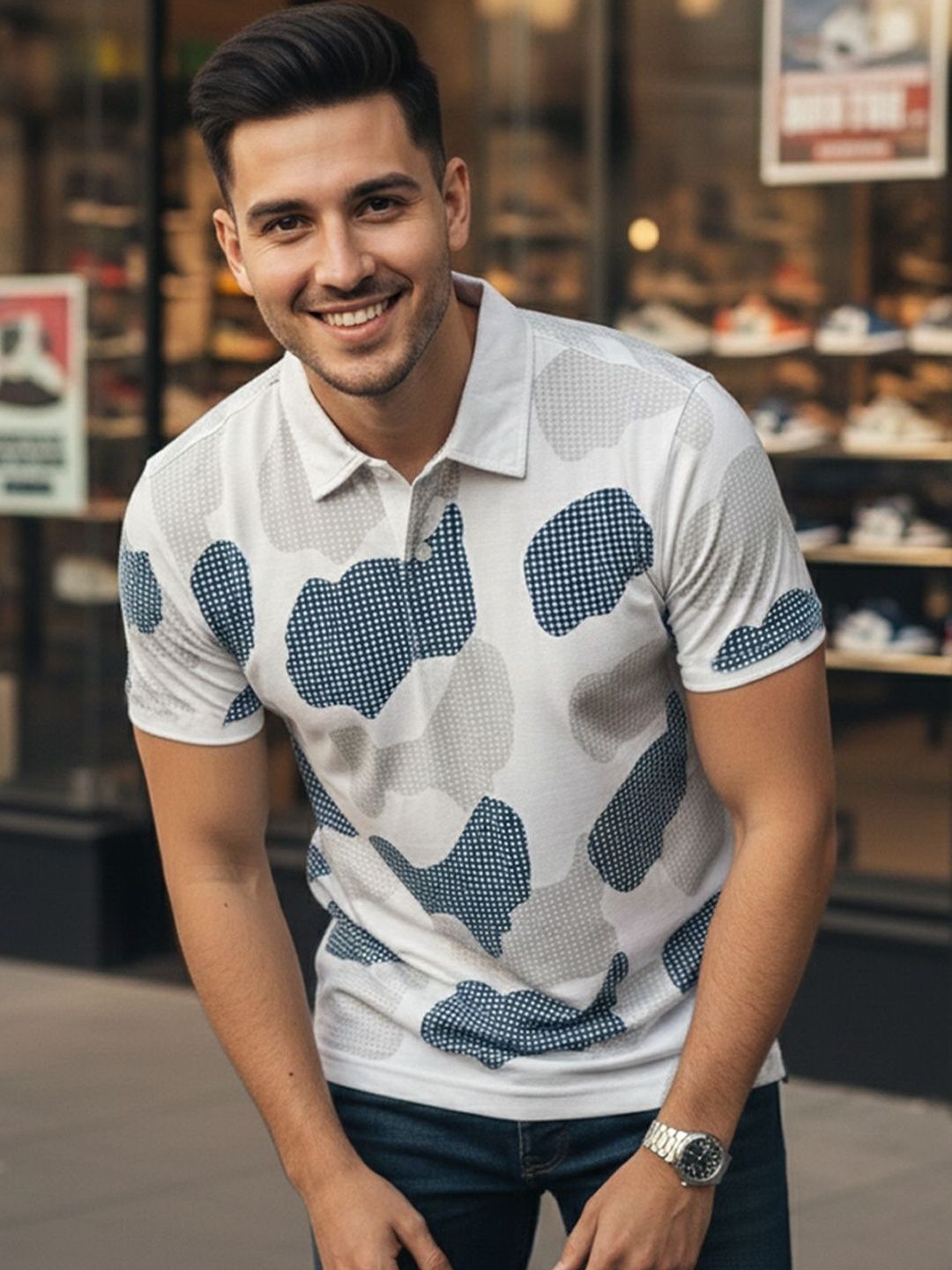 HERE&NOW Men Printed Polo Collar T-shirt