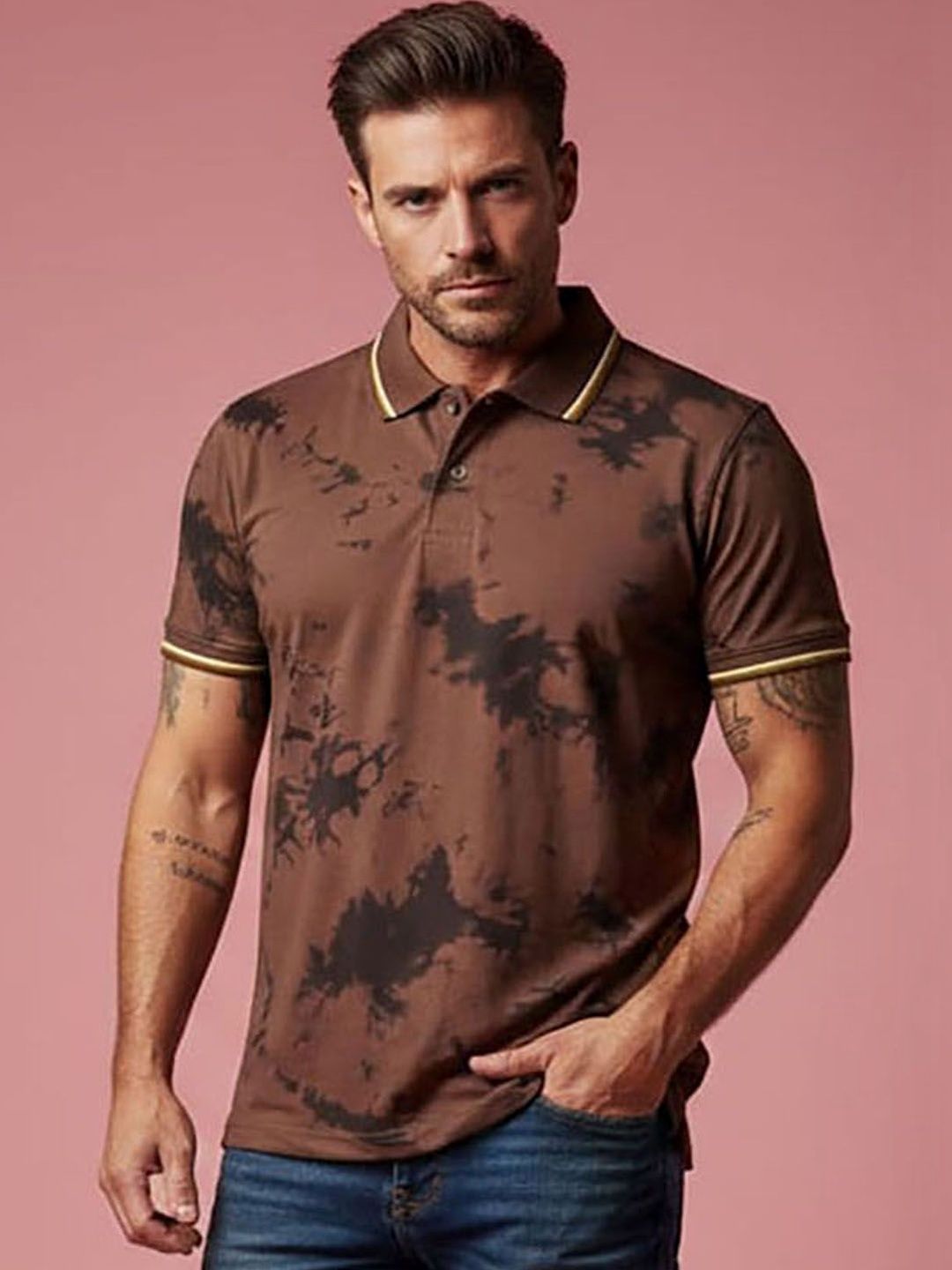 HERE&NOW Men Tie and Dye Dyed Polo Collar T-shirt
