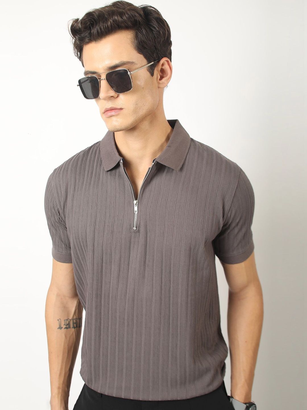 Maniac Men Dark Grey Tangled Half Sleeve Half-Zip Polo T-Shirt