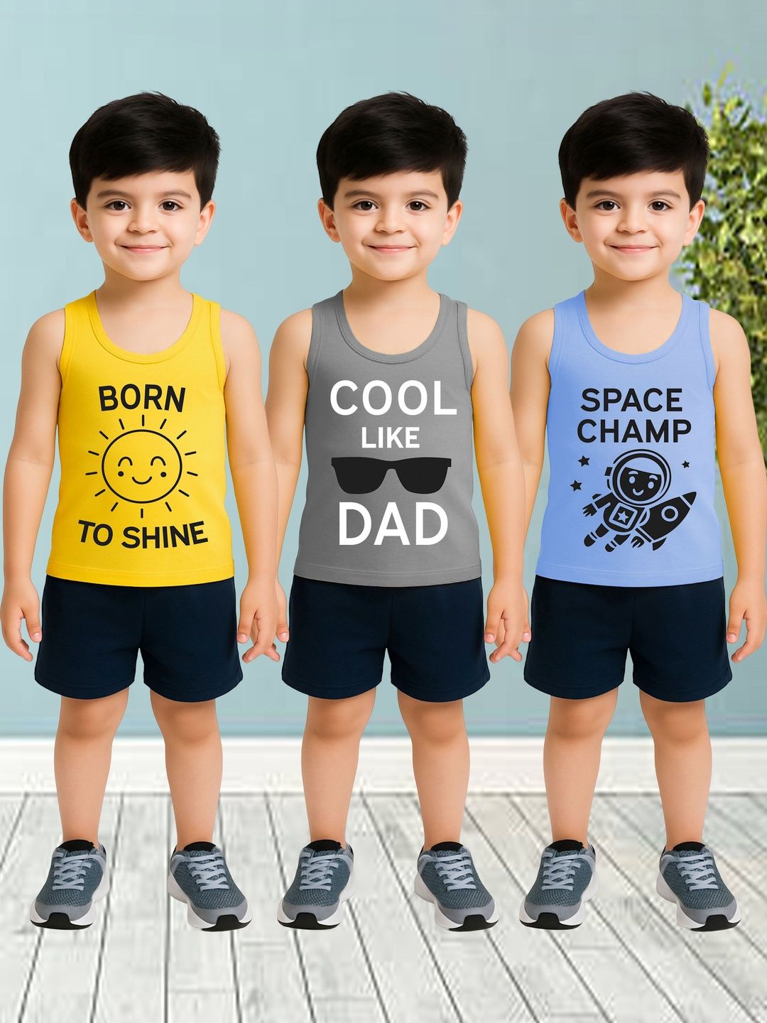 KidBee Boys Pack Of 3 Printed Cotton Round Neck Innerwear Vests