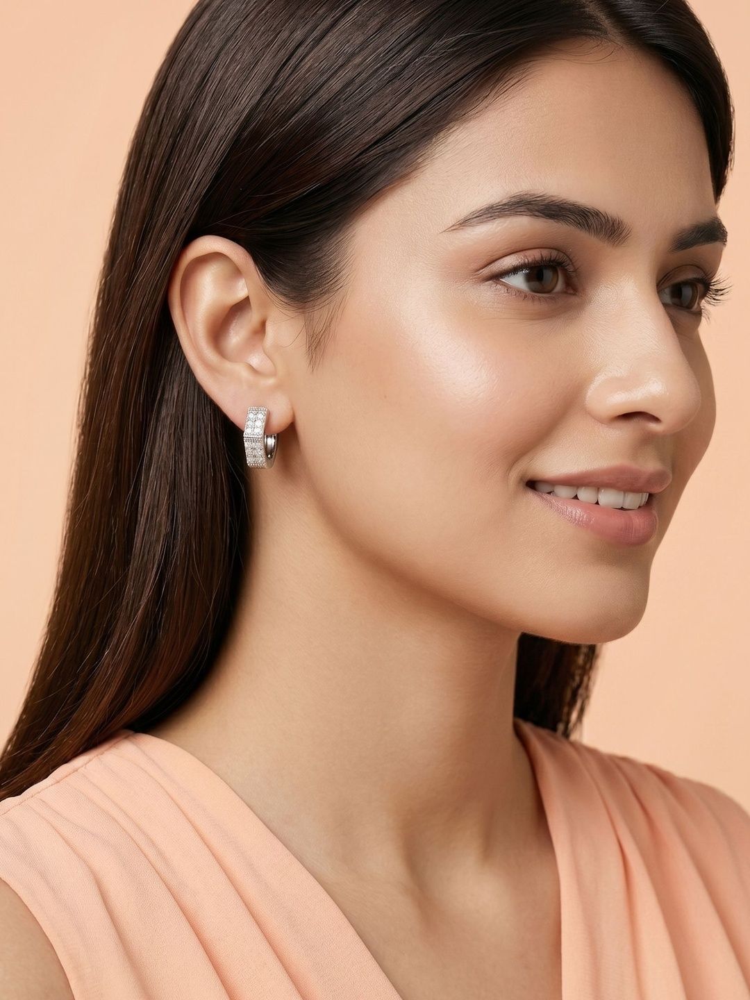 925 SILLER 925 Pure Silver Zircon Studded Small Hoop Bali Earrings