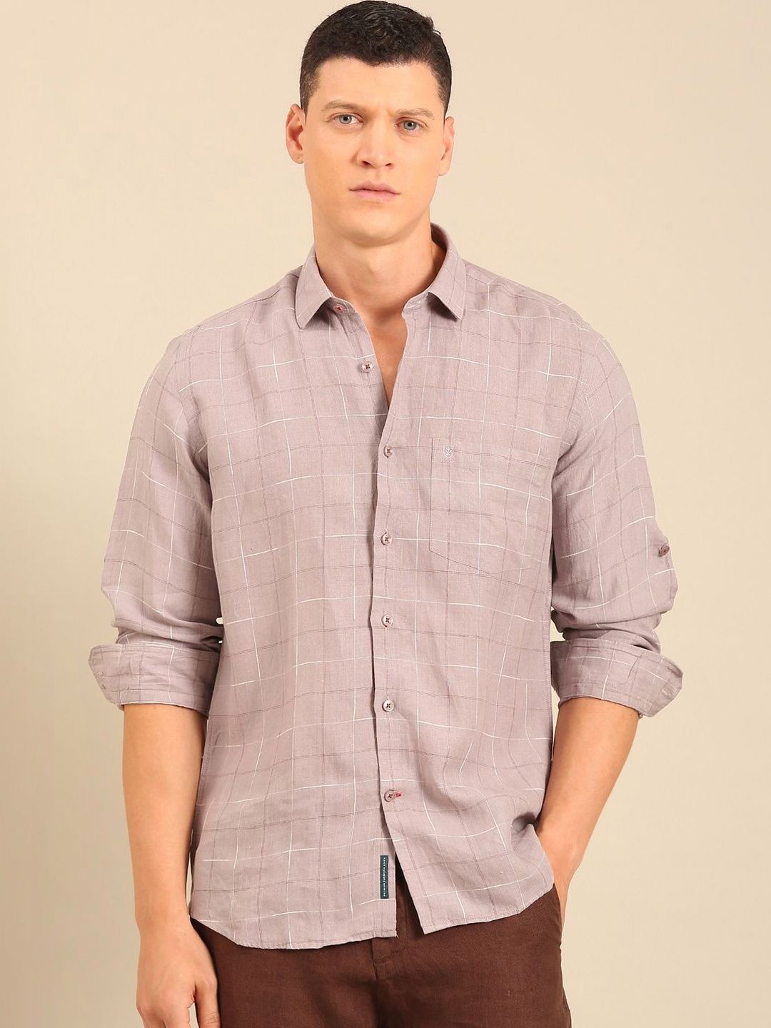 Checked Pure Linen Shirt Linen Club Men Regular Fit Windowpane Checks Checked Casual Shirt