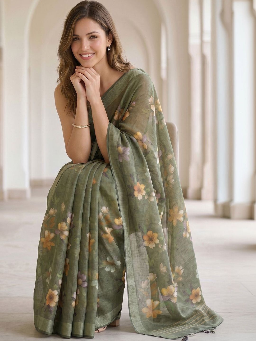 THREAD BOX Floral Linen Blend Saree