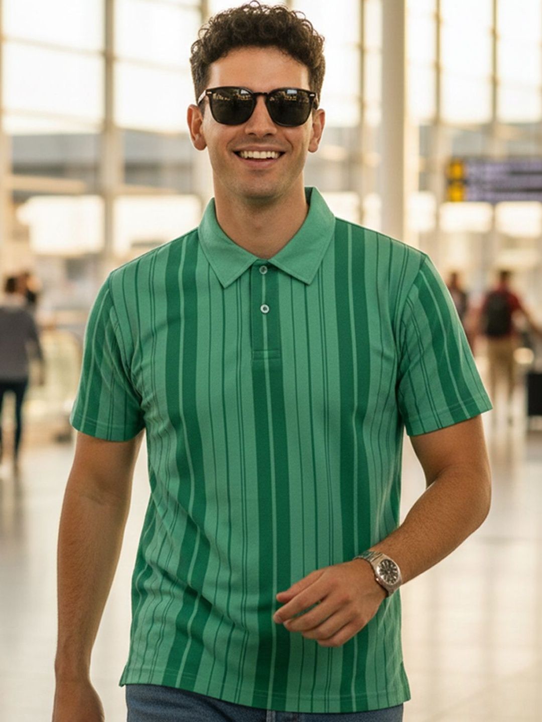 HERE&NOW Men Striped Polo Collar T-shirt