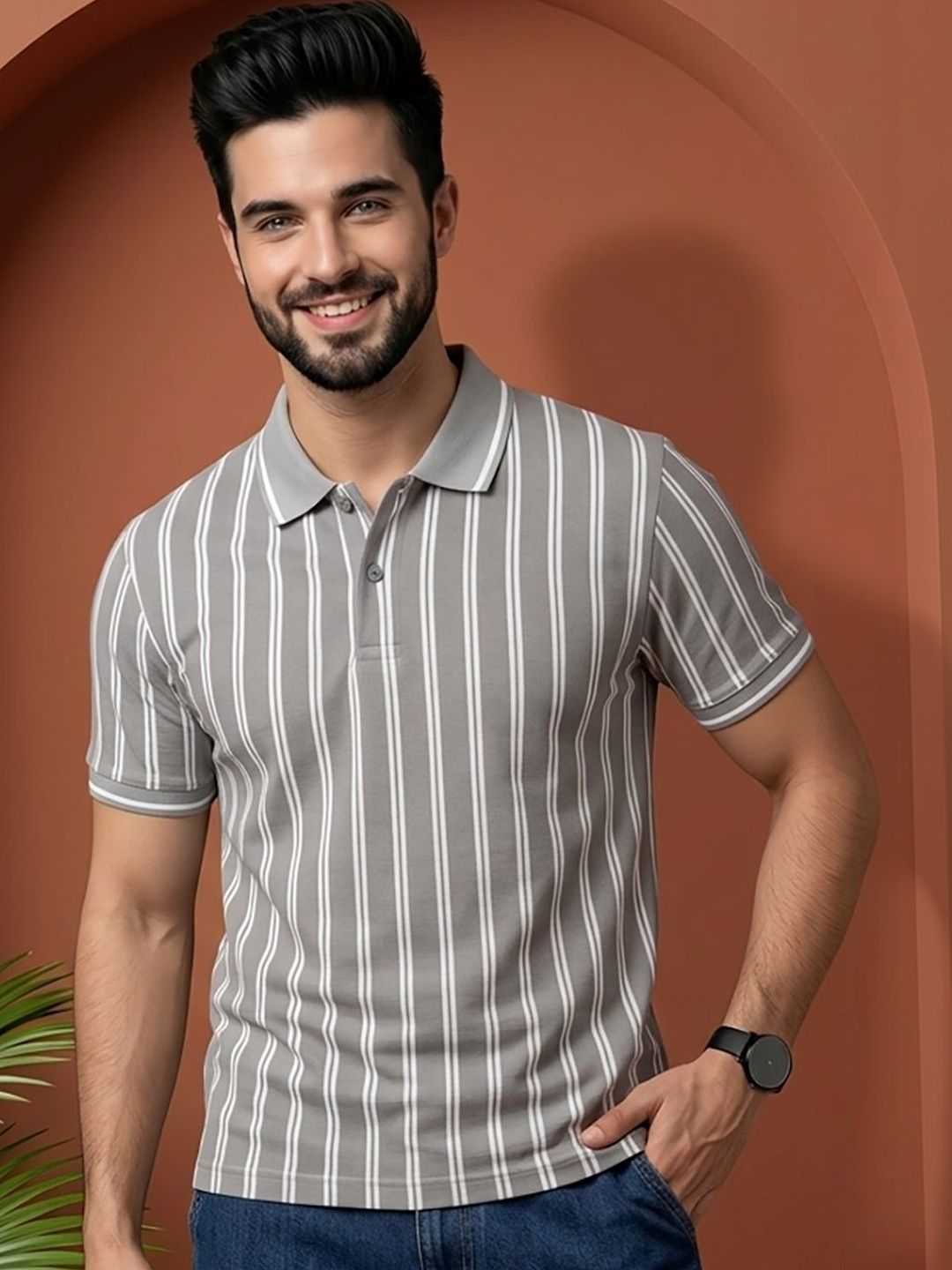 HERE&NOW Men Striped Polo Collar T-shirt