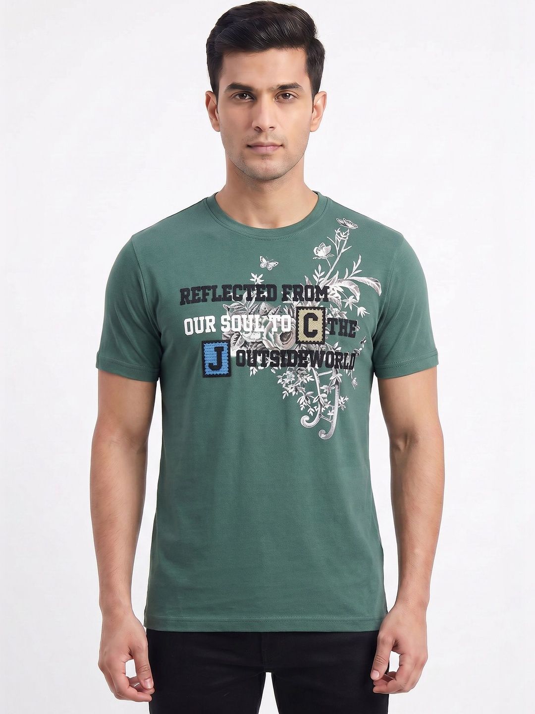 Plugin Olive Green Typography Round Neck T-shirt