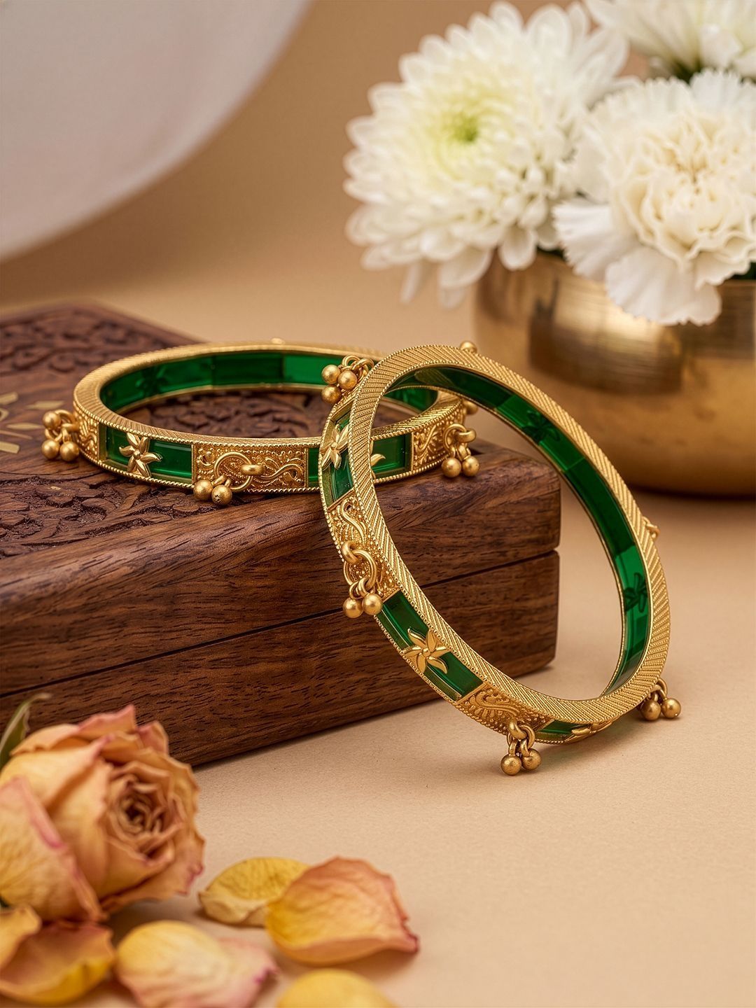 SWASHAA Set of 2 Brass-Plated Enamelled Stone Studded & Beaded Bangles