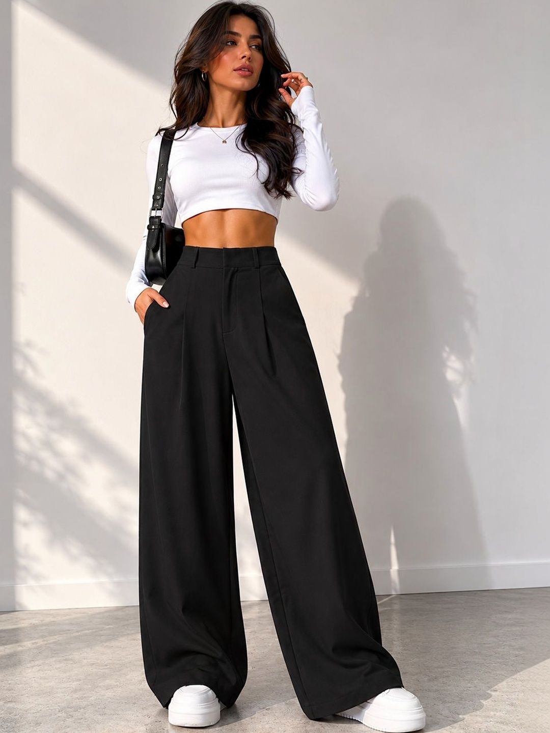SENDIPO Women Smart Loose Fit High-Rise Easy Wash Pleated Trousers