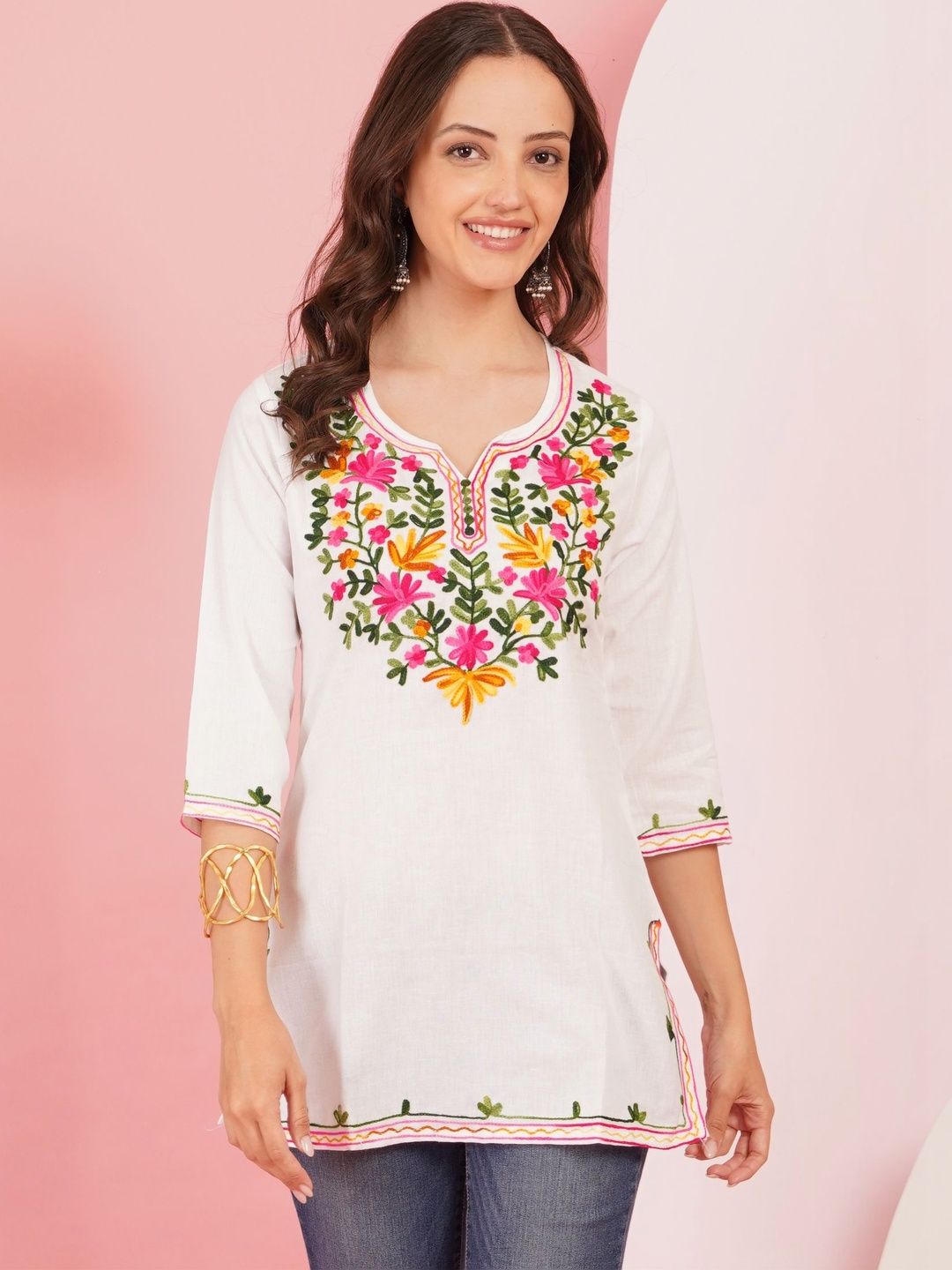 Sangria Floral Embroidered Thread Work Pure Cotton Blend Thread Work Kurti