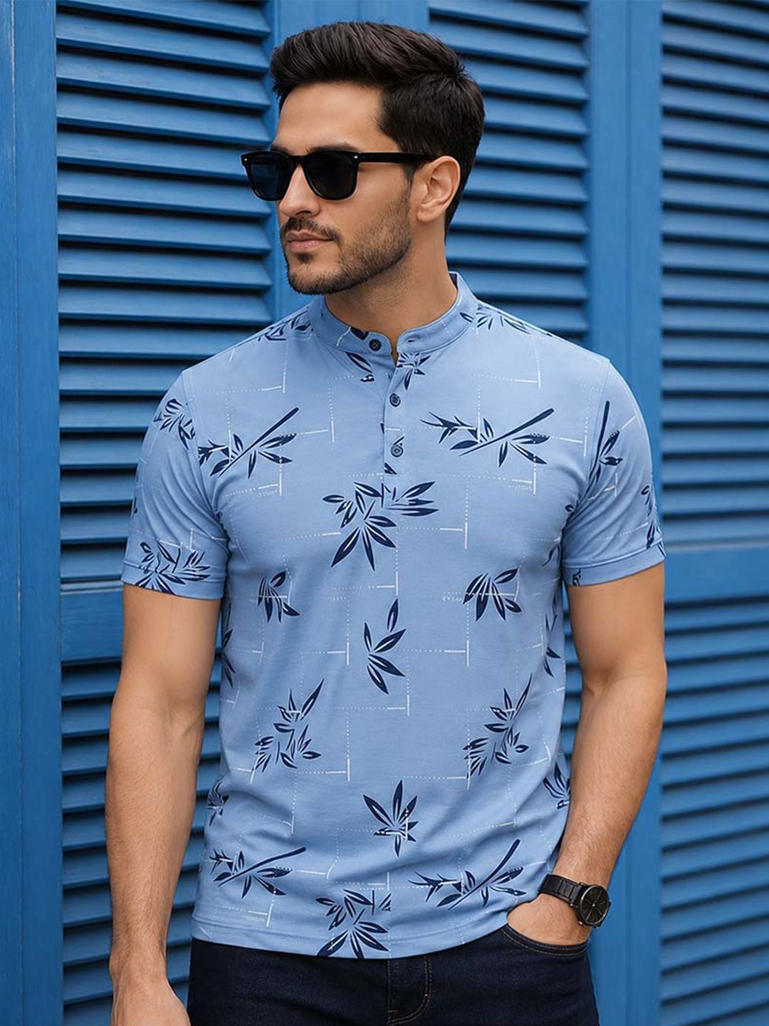 Moda Rapido Men Floral Printed Mandarin Collar T-shirt
