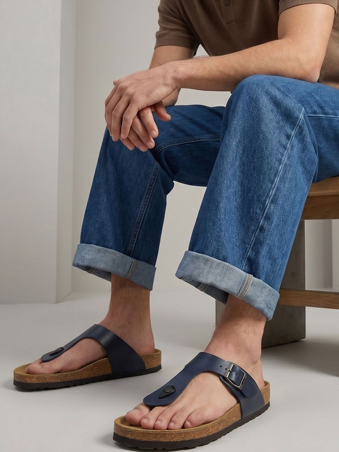 Yoho Men's Leather Thong Sandals with Cork Footbed for Daily Wear- SDL 118