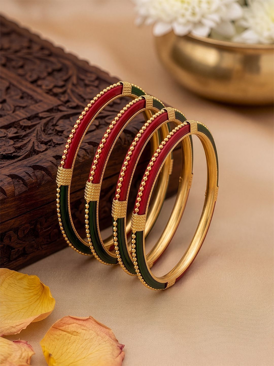 SWASHAA Set of 4 Brass-Plated Enamelled Stone Studded & Beaded Bangles