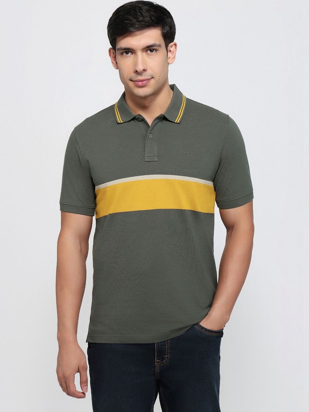ColorPlus Men Colourblocked Polo Collar Pure Cotton Pockets T-shirt