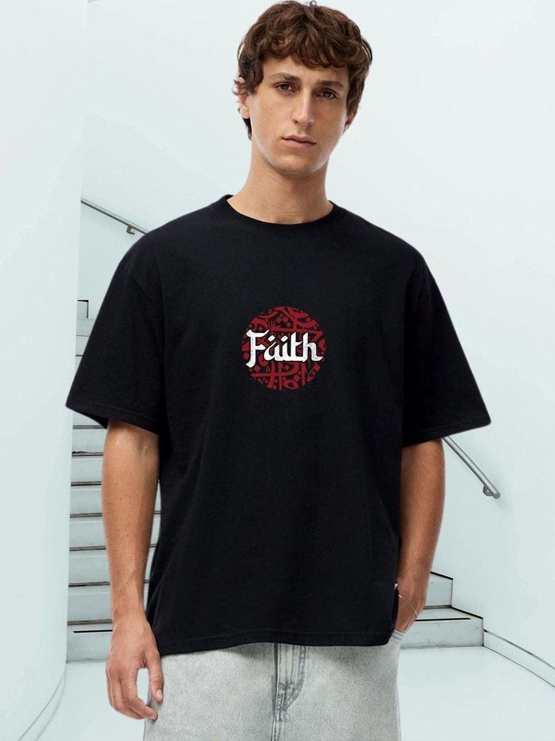 PRONK Typography Printed Round Neck Drop Shoulder Sleeves Cotton Oversized T-shirt