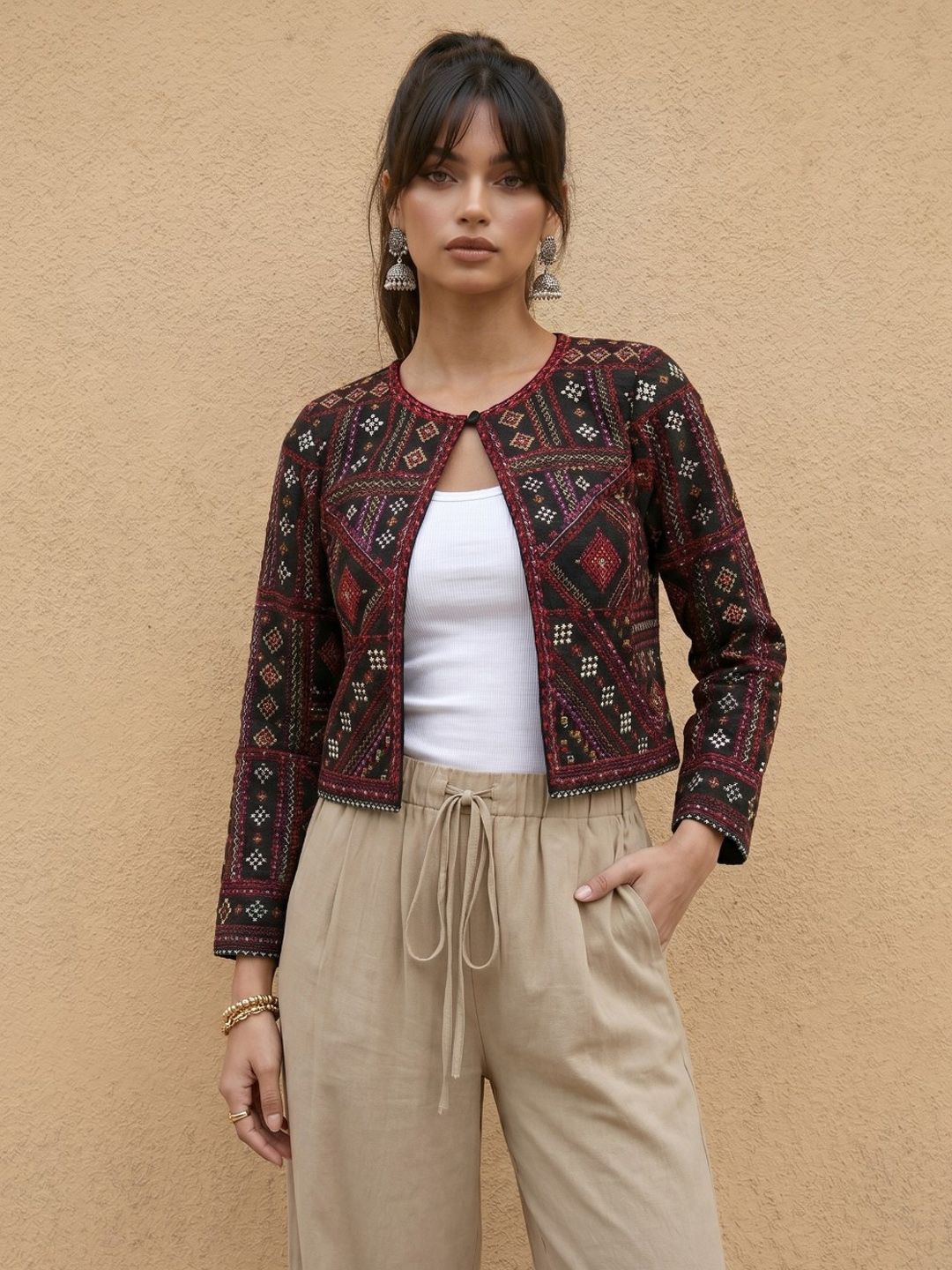 fusion by glitchez Geometric Embroidered Collarless Tailored Jacket