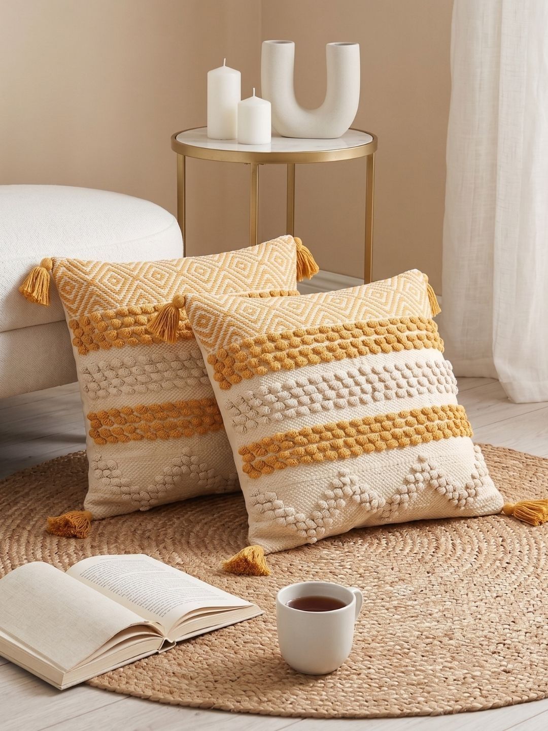 WEAVERS HUT Yellow & White Set of 2 Geometric Square Cushion Covers
