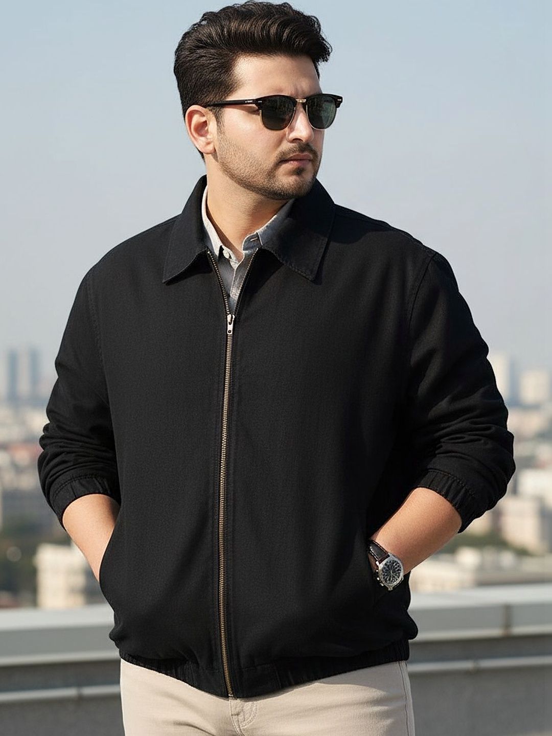 Urbano Plus Men Plus Size Black Relaxed Fit Full Sleeve Harrington Denim Jacket