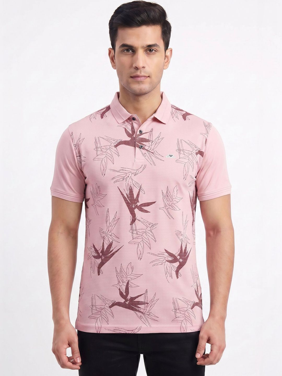 Plugin Pink Abstract Printed Polo Collar Short Sleeves T-shirt