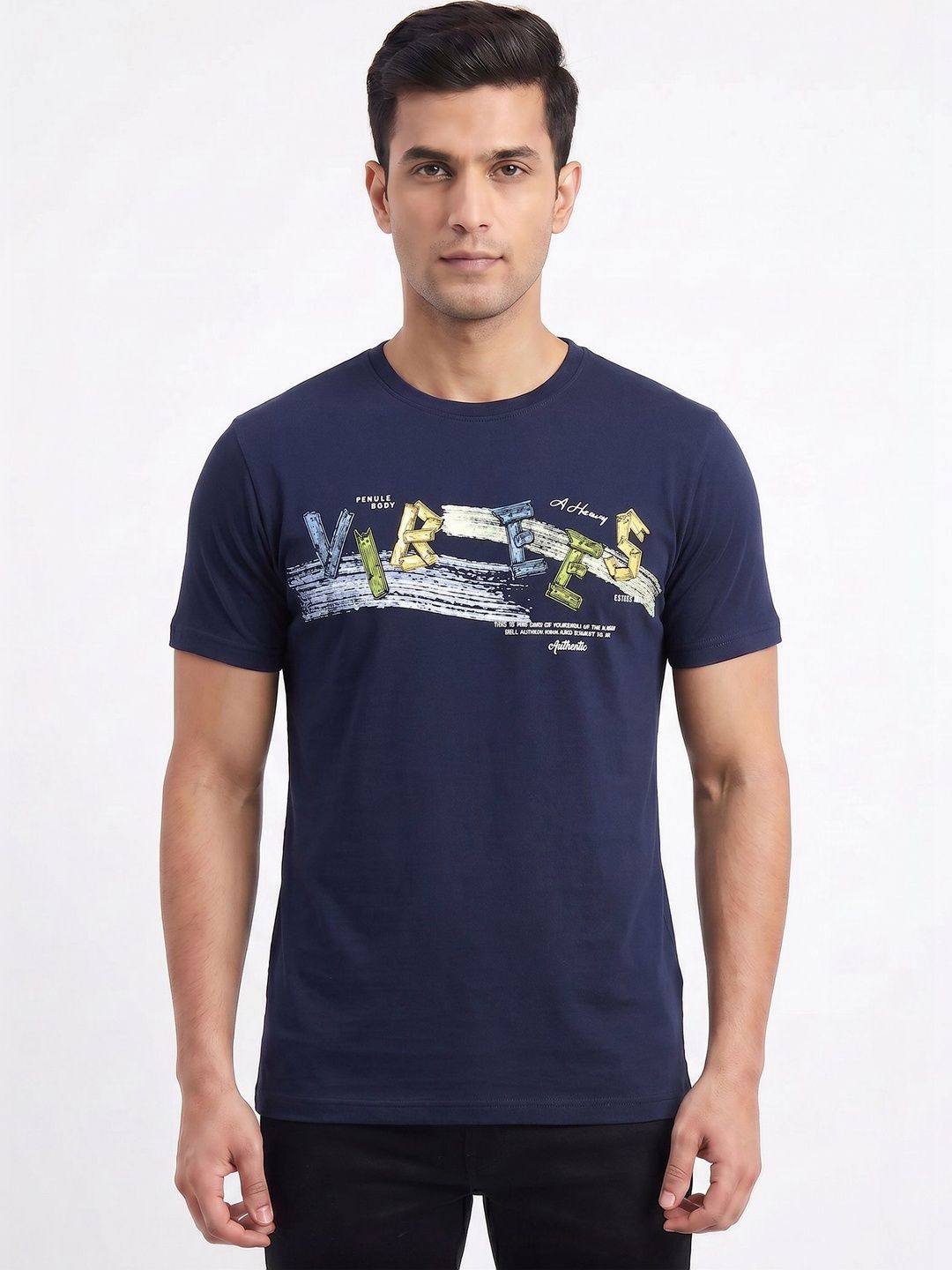 Plugin Navy Blue Typography Round Neck T-shirt
