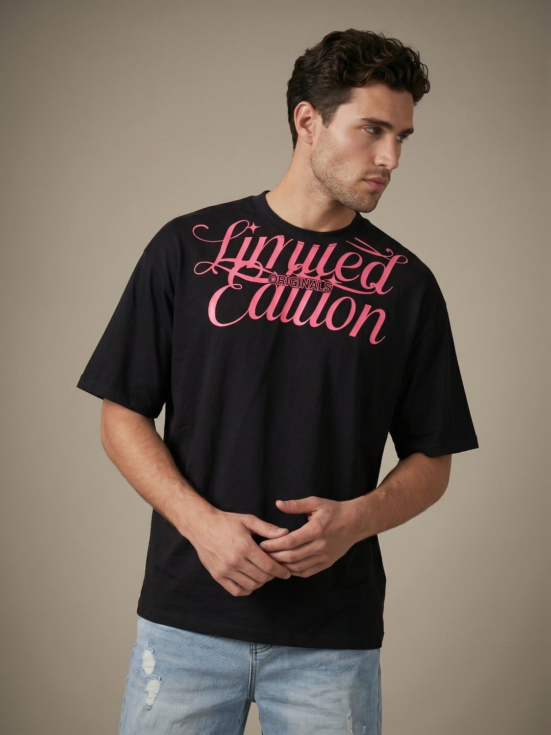 glitchez Typography Printed  Drop Shoulder Sleeves Pure Cotton T-shirt