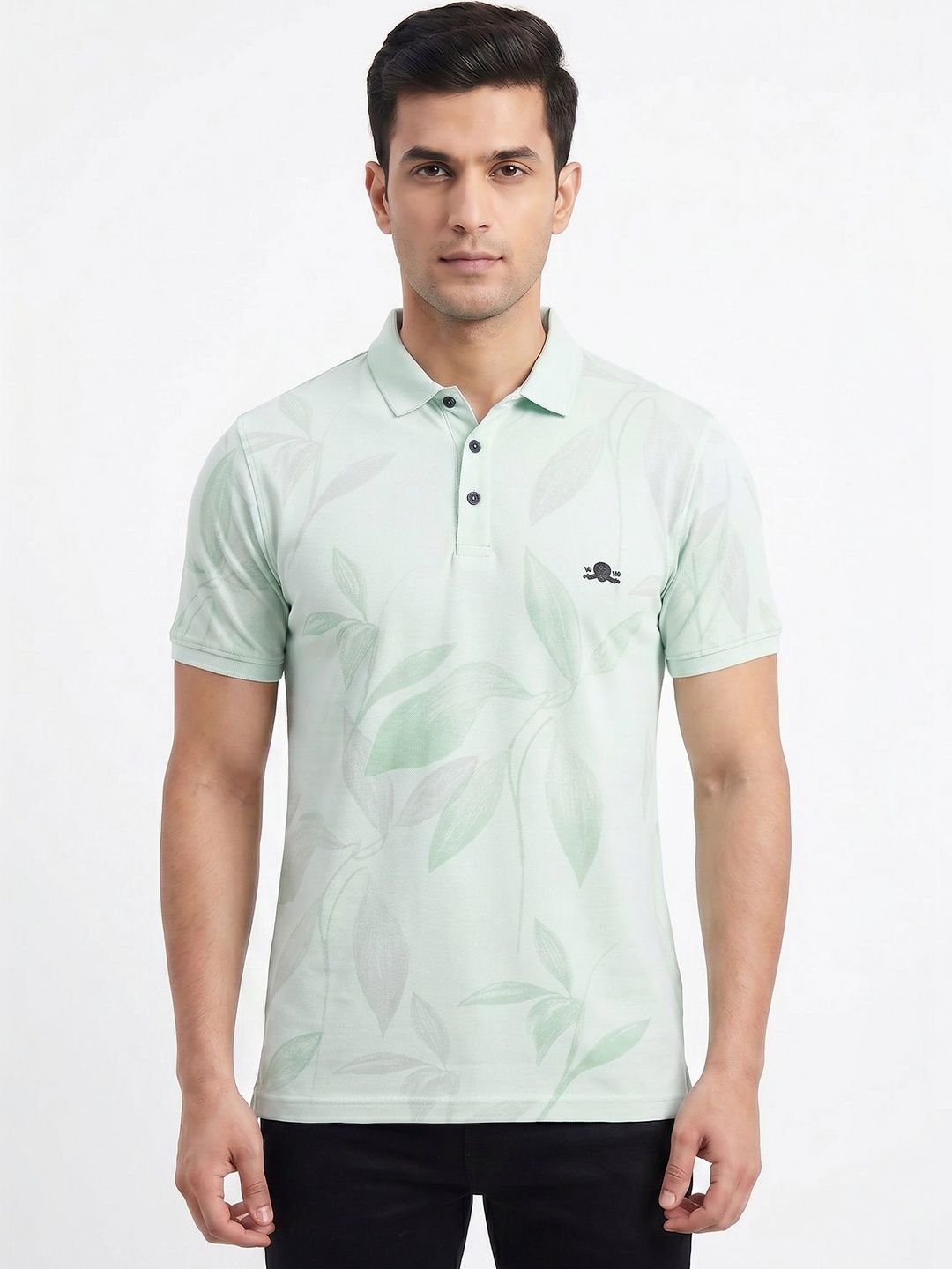 Plugin Floral Printed Polo Neck Collar Short Sleeves Cotton T-shirt