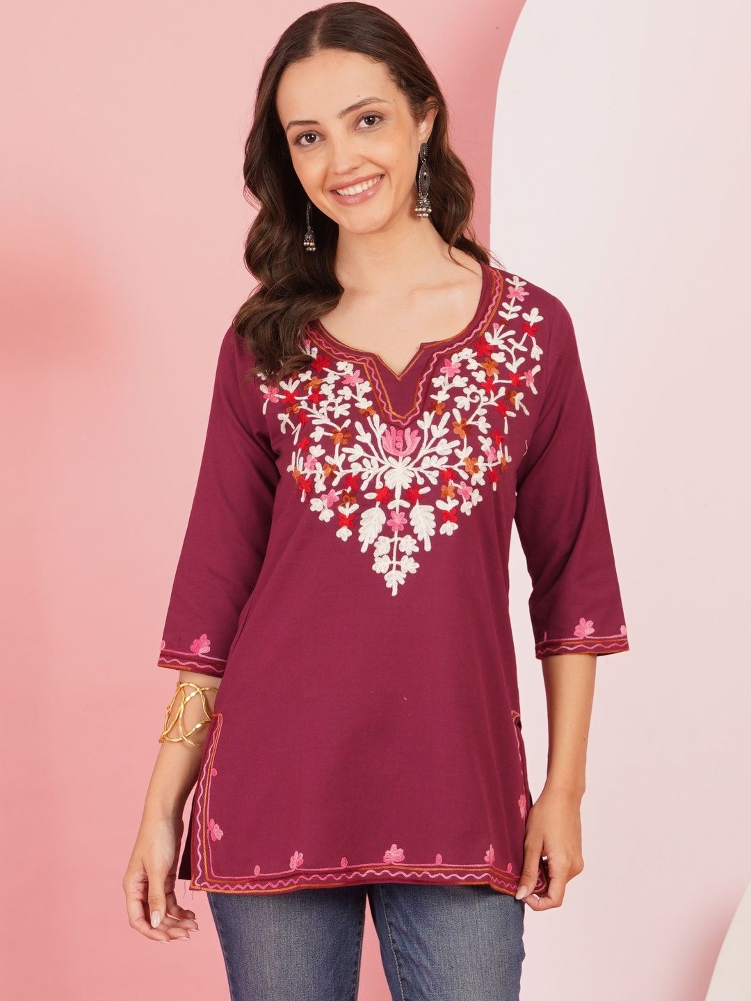 Sangria Floral Embroidered V-Neck Thread Work Pure Cotton Blend Thread Work Kurti
