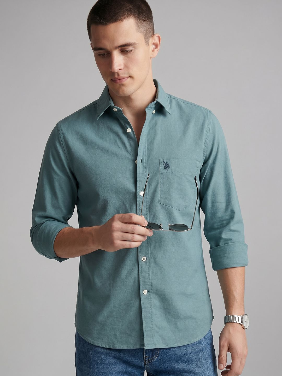 U.S. Polo Assn. Spread Collar Pure Cotton Tailored Fit Casual Shirt