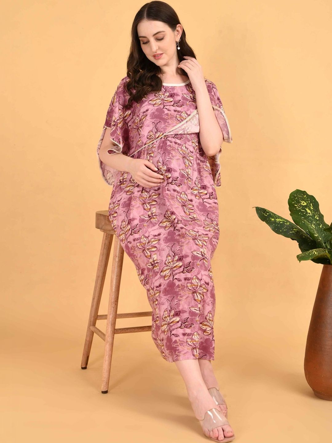 Minelli Floral Print Kimono Sleeve Maternity Kaftan Midi Dress