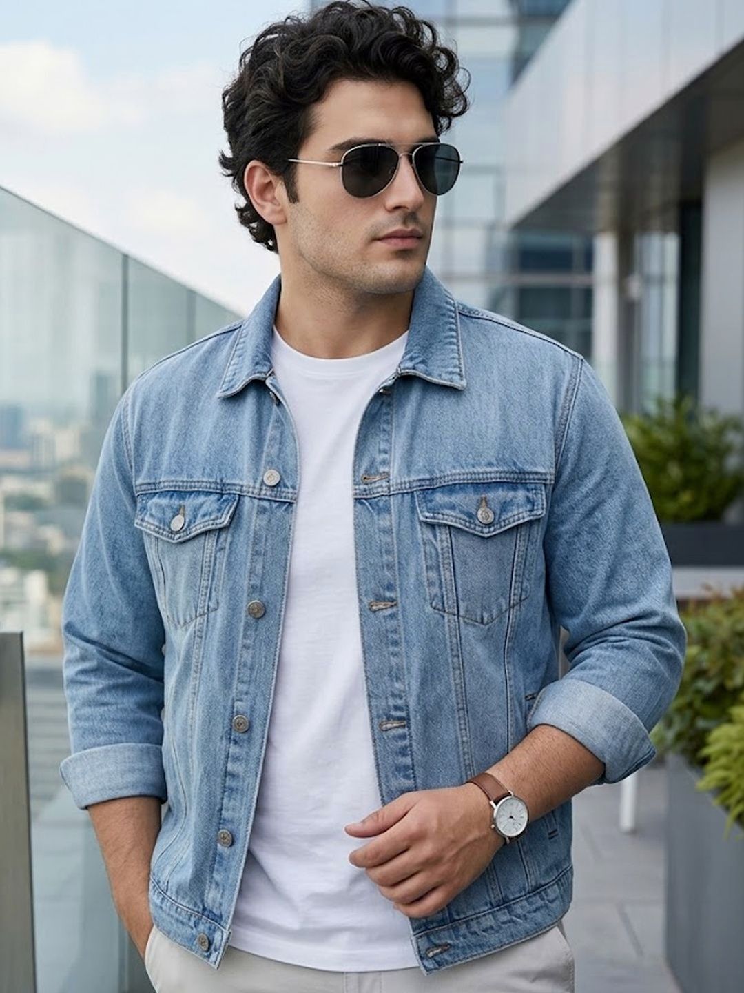 Urbano Plus Men's Light Blue Regular Fit Washed Full Sleeve Denim Jacket
