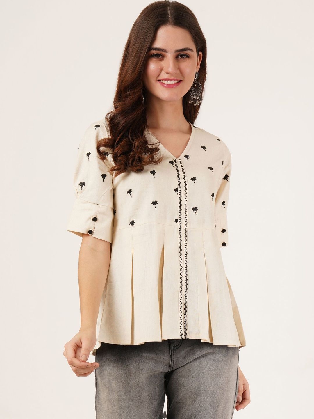 Sangria Botanical Printed V-Neck Pure Cotton Blend Kurti