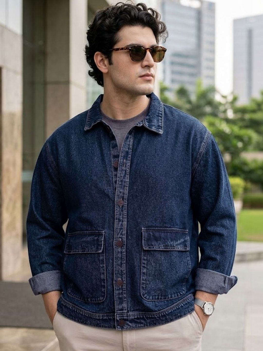 Urbano Plus Men Plus Size Spread Collar Solid Denim Jacket