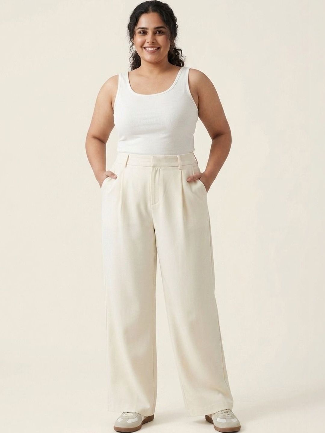 SQew Women Relaxed Loose Fit High-Rise Easy Wash Pleated Trousers