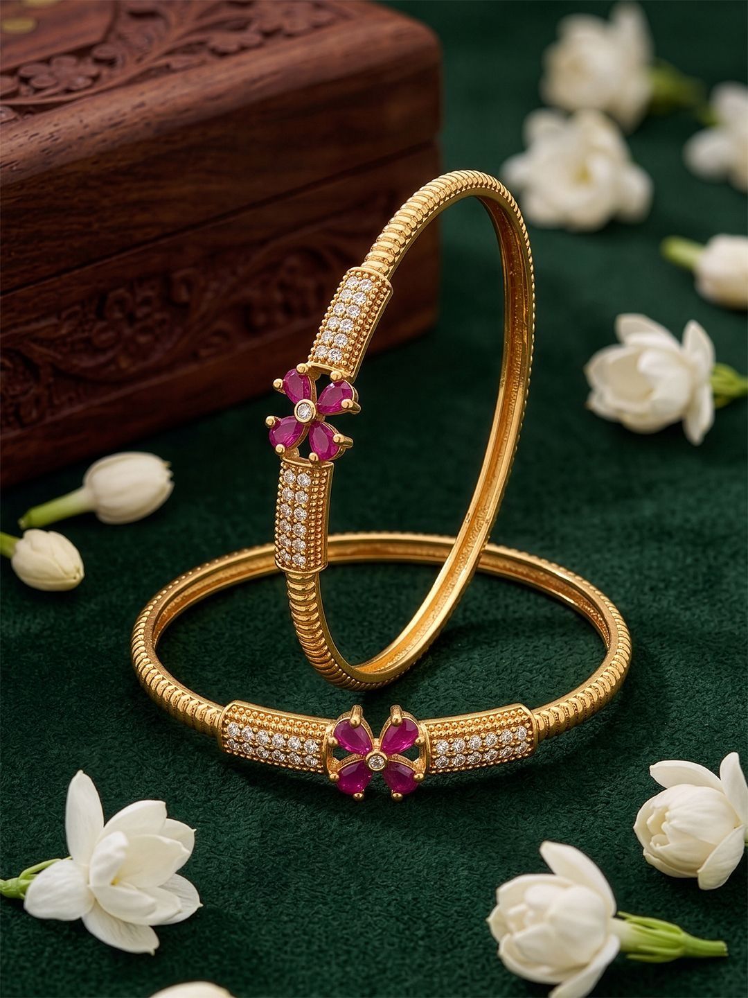 SWASHAA Set of 2 Brass-Plated Stone Studded & Beaded Bangles