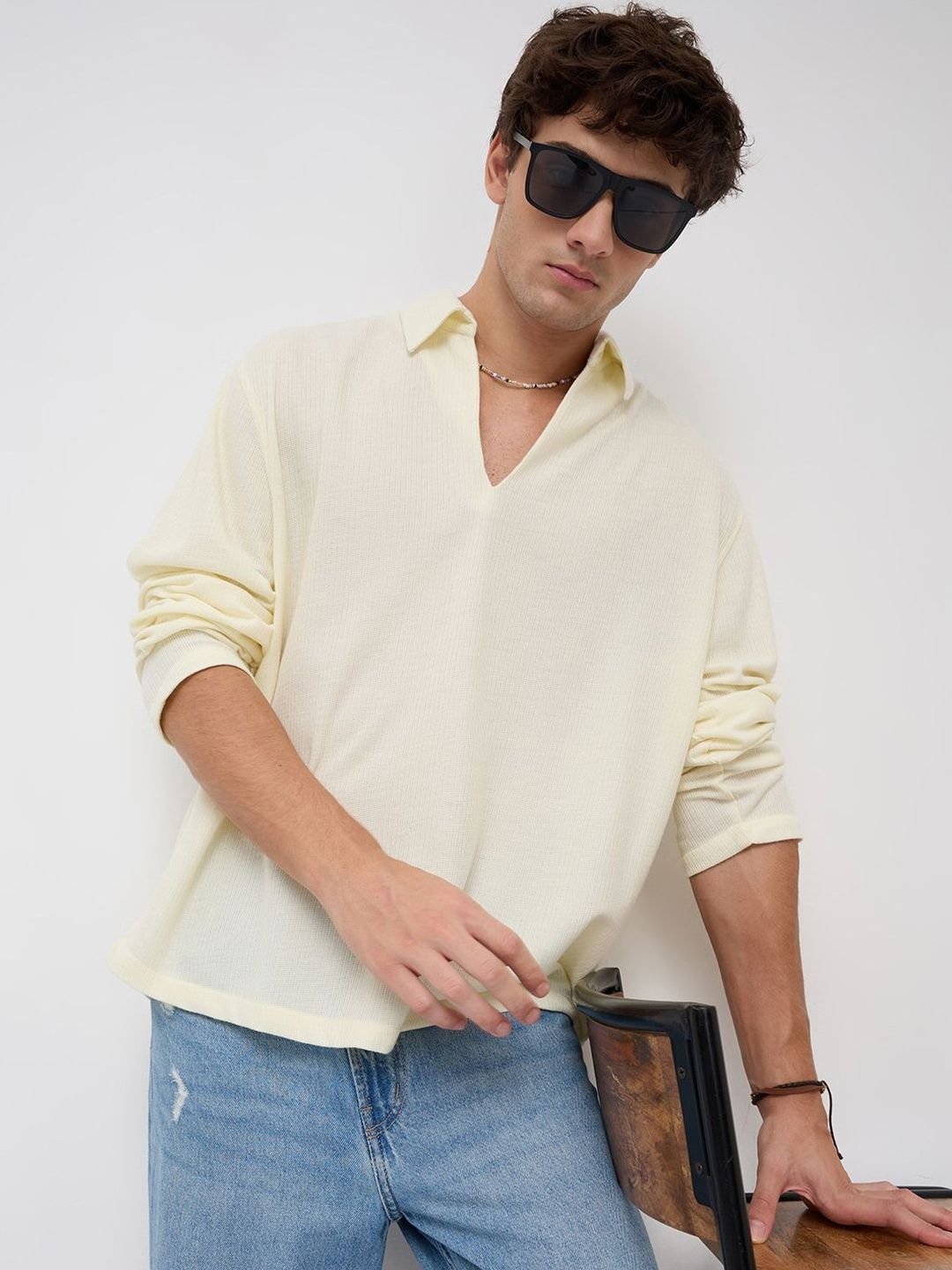 VASTRADO Butter Yellow Micro Weave Knitted Oversized Polo Shirt