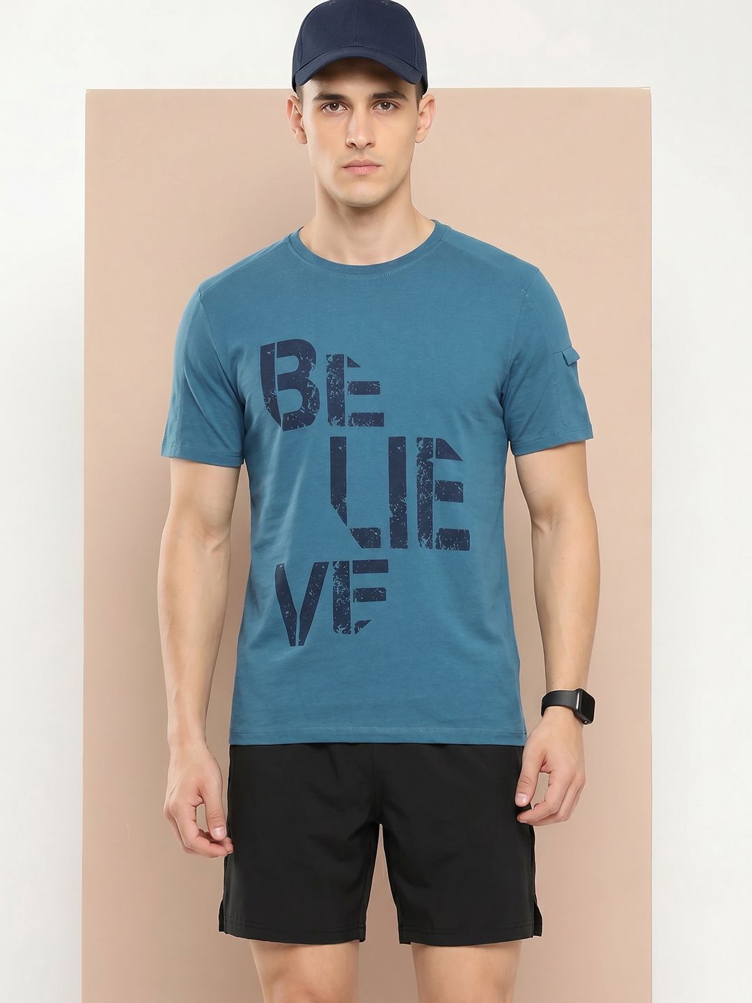 Alcis Men Teal Blue Typography Printed Slim Fit Gym T-shirt