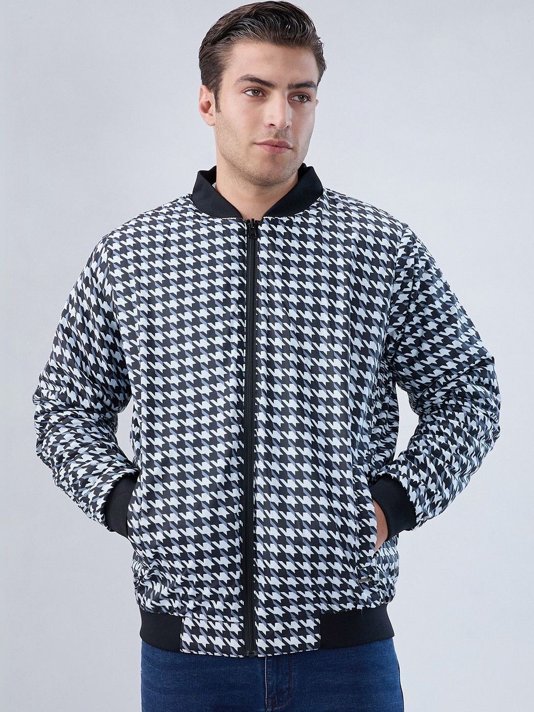 Park Avenue Men Houndstooth Reversible Bomber Jacket