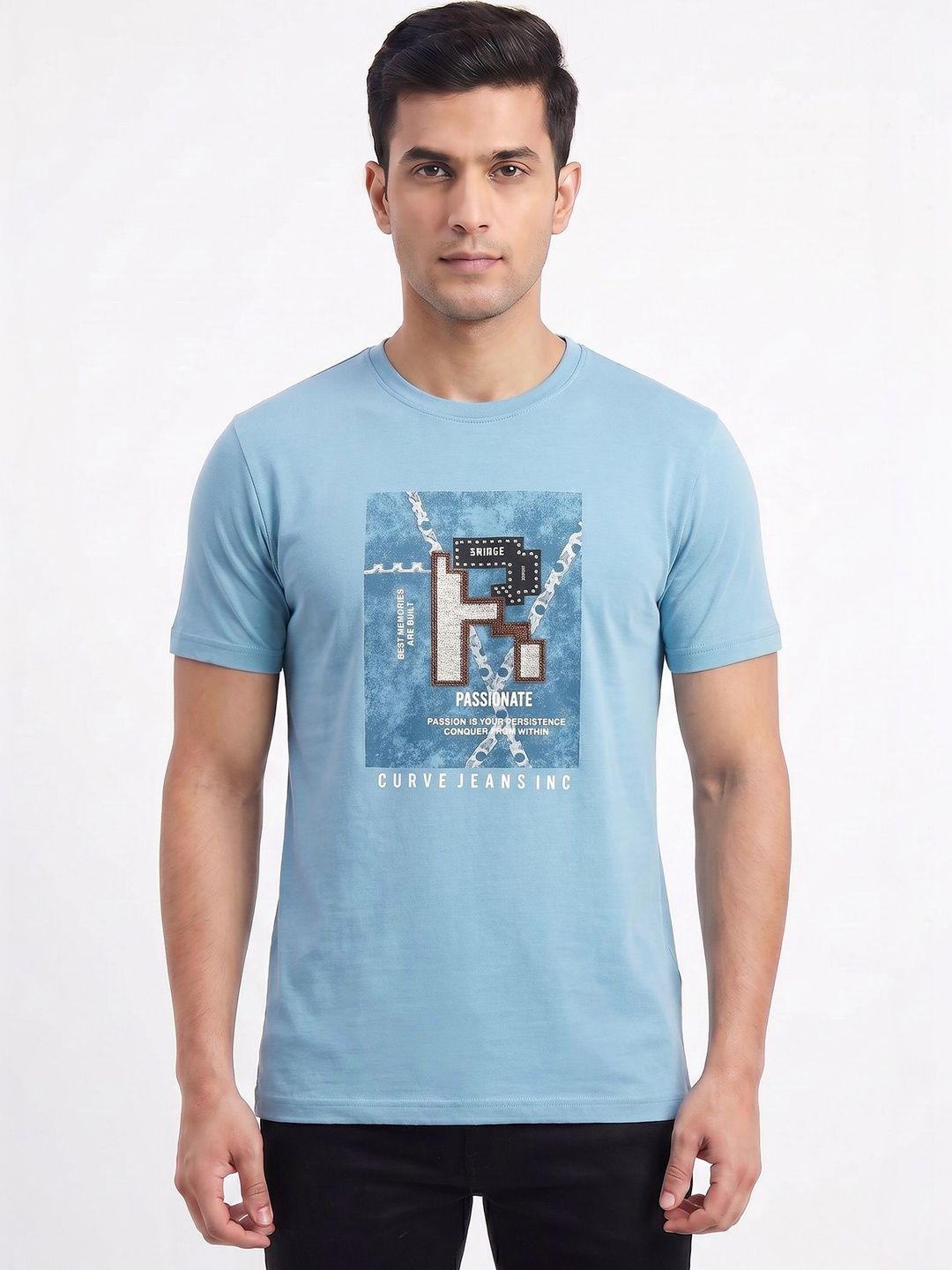 Plugin Men's Blue Graphic Round Neck T-shirt
