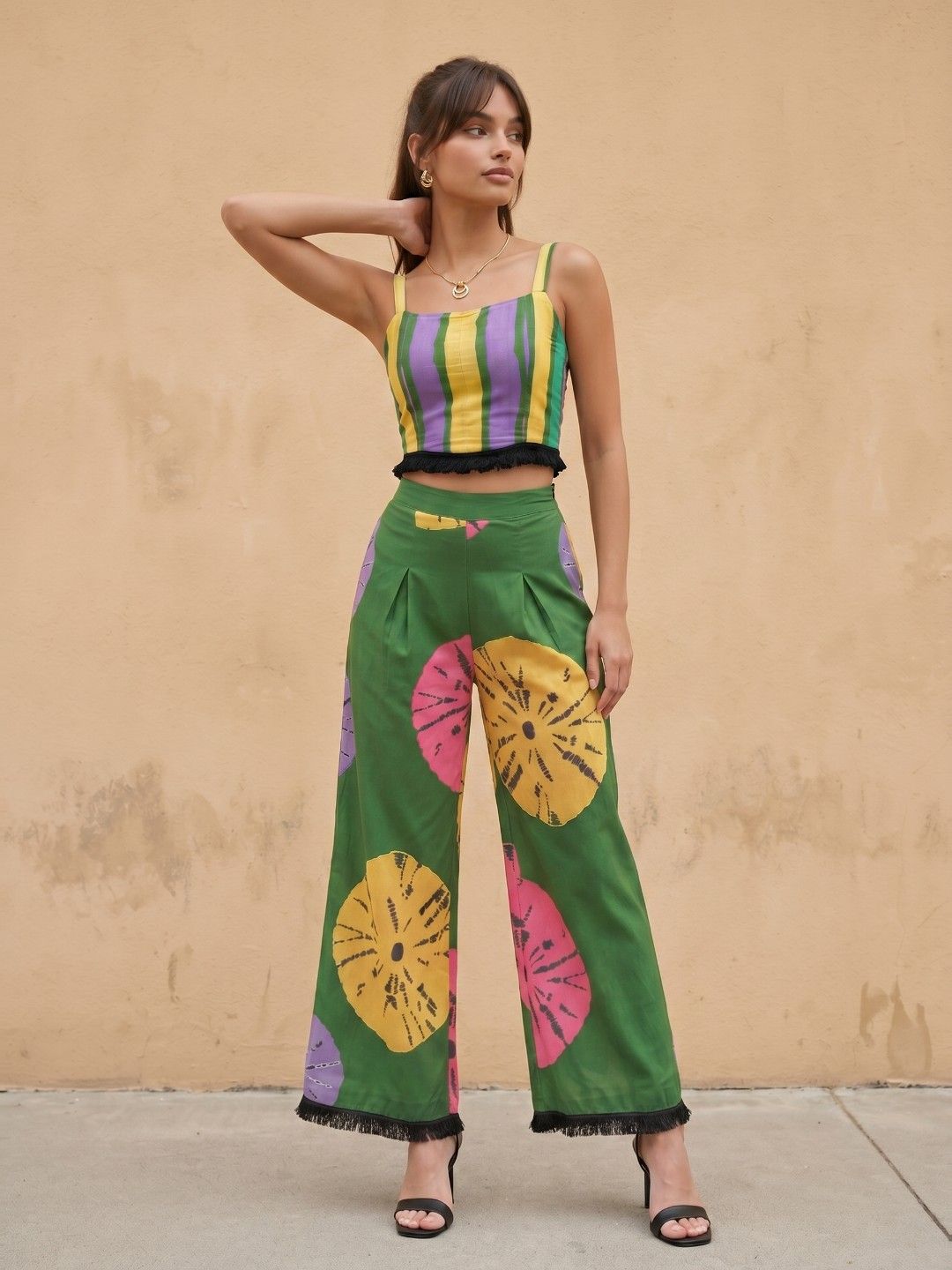 fusion by glitchez Geometric Printed Co-Ords with Striped Top