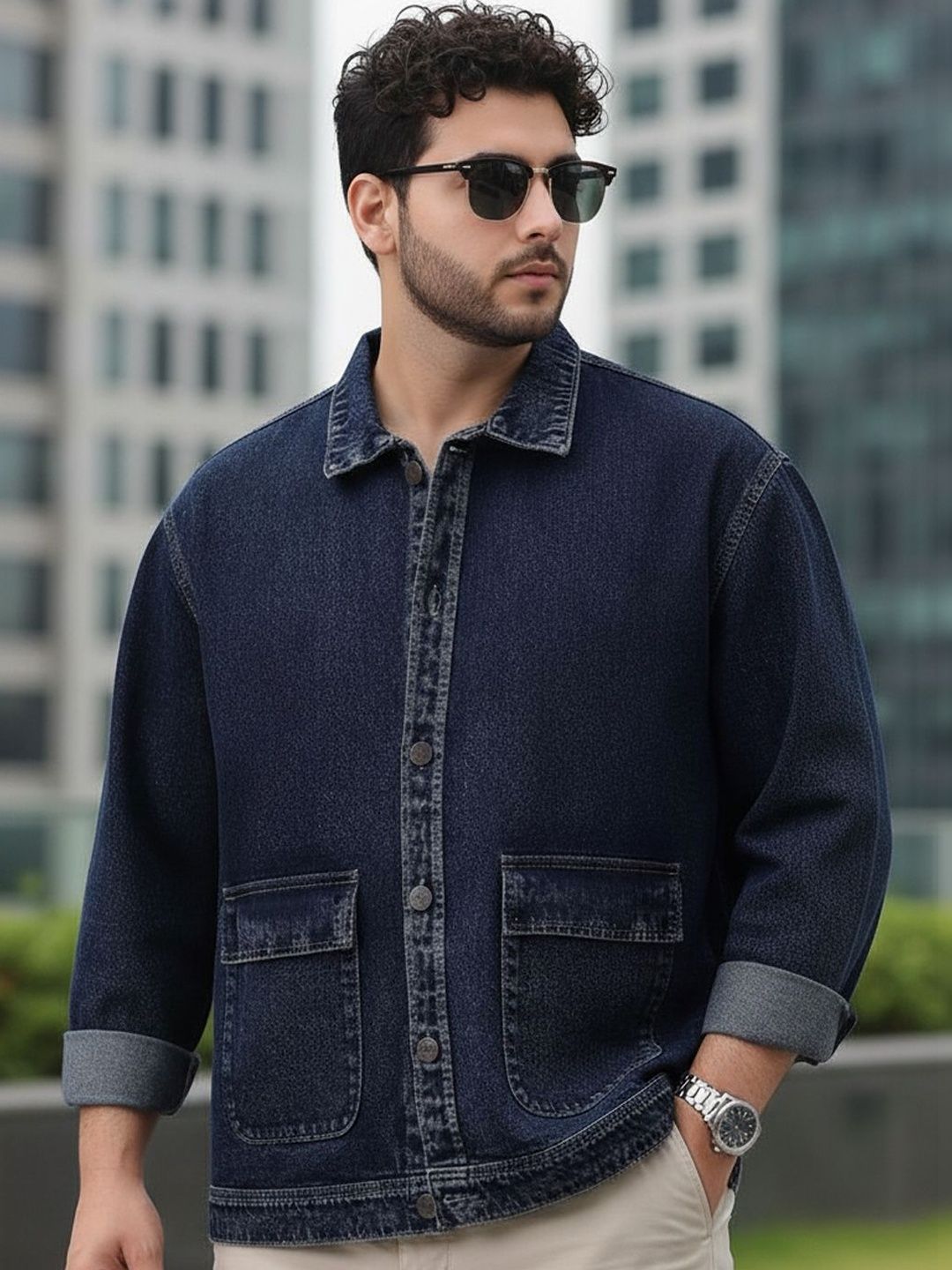 Urbano Plus Men Plus Size Spread Collar Solid Denim Jacket