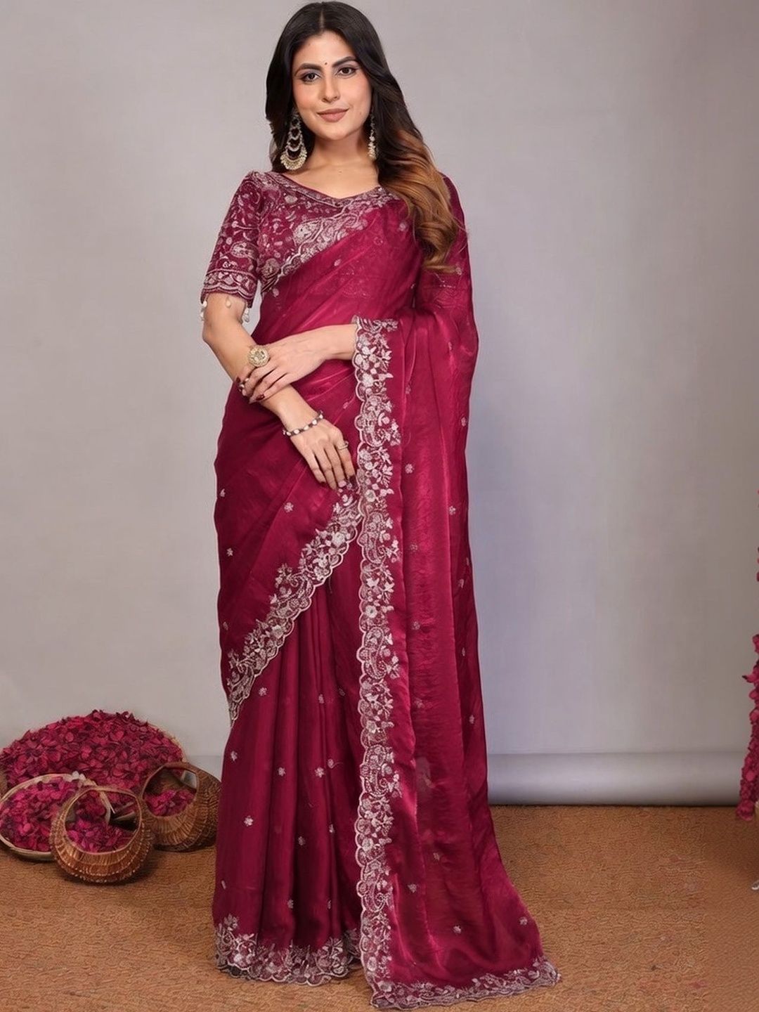 EKAIVE EKAIVE Embellished Embroidered Satin Heavy Work Saree