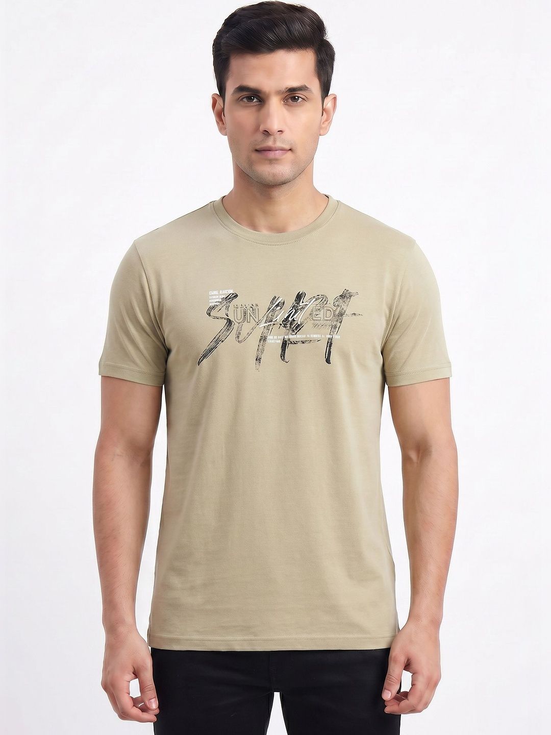 Plugin Khaki Men Typography Round Neck T-shirt